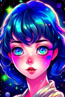 outer space anime and has big passionate eyes like in anime color of the unicorn look like a more detail in the face they should look bigger eyes and nose now in the face of a unicorn elizabeth taylor look