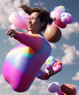 Ultra realistic speed clouds sky scene, wide angle view, sweet women falling down, inflatable color clothing, free jumping flying, many trinkets, hair monster, many jelly beans, balls, color smoke, smile, happy, circus style, extreme, wind, clouds sea, 20,000 feet altitude, stratosphere, soft color, highly detailed, unreal engine 5, ray tracing, RTX, lumen lighting, ultra detail, volumetric lighting, 3d, finely drawn, high definition, high resolution.