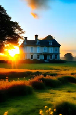 Casa blanca con techo celeste en una pradera, que se vea adentro la familia sentada al calor de una chimenea humeante, en un calido atardecer