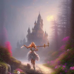 cinematic, majestic female barbarian, bodybuilder woman, bokeh, castle fortress, by thomas kinkade mark keathley terry redlin