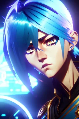 Cyborg anime warrior, light blue hair, short and messy hairstyle, pierced ears, round ears, golden eyes, waist up portrait, 8k resolution, intricate details, ornate details, soft lighting, vibrant colors, retroanime, masterpiece, intricate eyeliner, dark eyeshadow, eyes, intricate tattoos, futuristic cityscape background