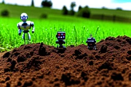 Photograph 60 mm lens. Technological singularity. Post-apocalypse utopia. Machine, fake smile, staring eyes. Milky white lay figures torso on the ground. Grass, mud. dirt. An yard of a farm is in the Background. Mercury Puddles. Zoom. Background is fussy. Cyborg's torso is dirty. Male robot.