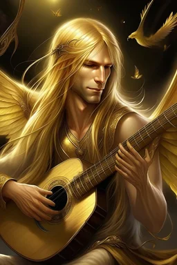 männliche Fee, libellen flügeln, hellblondes, langes Haar, Laute spielend, lange spitze Ohren, goldene, auffällige Augen, realistisch