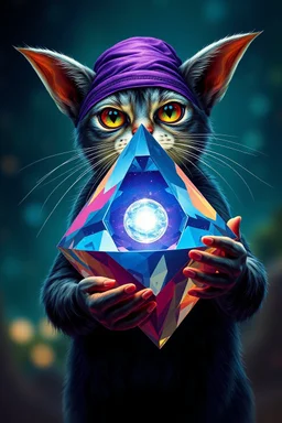 airbrush with pen outline, gremlin cat pimp holding a big reflective prismatic pyramid with orb containing plasma in the style of Escher , bokeh like f/0.8, tilt-shift lens 8k, high detail, smooth render, down-light, unreal engine, prize winning