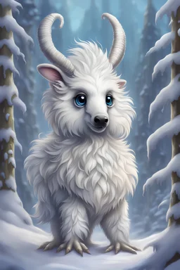 A cute looking, soft fluffy white furred, medium height mutant mammal with a snout-like long snout, big eyes, tassel ears, a chibi fantasy creature. Tundra forest , snow in the background. sharp focus, intricate details, masterpiece