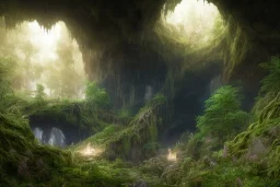 hyper realistic full length photo of a cave entryway in a root covered cliffside, hewn stairs, torches deep inside, fantasy digital painting, stunning intricate details, artwork by ross tran and greg rutkowski, 8k, beautiful detailed intricate insanely detailed, volumetric lighting, volumetric clouds, randomly placed spots of ground fog, cinematic, octane render, shot on imax 70mm, high contrast