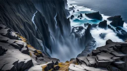 This mesmerizing ocean cliff scene captures the dramatic power and beauty of nature. Towering rugged cliffs stand majestically against the vast expanse of the ocean, where the water pours into a singular bottomless pit. The cliffs, with their sharp and jagged edges, create a stark contrast to the rough, flowing water, making the scene even more captivating. Sunlight pierces through the mist rising from the waterfalls, creating a magical, ethereal atmosphere