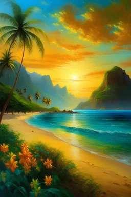 moorea beach stunning sunset turqoise sea color transparent oil painting lots of flowers and palm trees golden sunset
