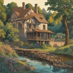 museum quality color woodcut landscape of a fanciful 18th century ramshackle French country millhouse with waterwheel, nestled on the banks of the Dordogne River , on a blissful summer morning, in the style of Gustave Baumann, with a fine art aesthetic, highly detailed, finely cut ,8k render, soft early summer colors