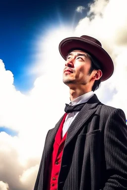 man magician looking at the sky changing the weather sunny day style of hiroku ogai