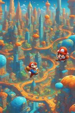 Vibrant digital art inspired by Super Mario Land, set in a fantastical, sprawling metropolis, rendered in a cartoonish style with exaggerated features and bold lines, bathed in radiant, electric hues of cerulean, amber, and chartreuse, evoking a sense of whimsy and wonder, with towering skyscrapers, winding roads, and fluttering Mario-esque flags, all infused with an epic, cinematic quality, as if plucked straight from a fantastical dream world, with hints of magical fog and radiant sunshine.