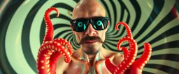 flesh tentacles, gecko weirdo man, through pin hole pic camera, hot dog commercial caravan magic, blissfull genious, ultra chromatic, cyber jobe, flying yoga magic , lawn mover man movie character, portrait of upper body of cool transparent guy made with nano tape and with shades and mustache and bald head, saw blade beholder eye tyrant flating beholder kin with eyes on each saw blade tooth saying something profound, hypnotic zebra twirl background, with chrome reflections