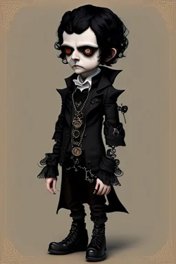 black haired black eyed young man necromancer steampunk Gnome that looks like a young Edgar Allan Poe with gothic jewelry in the style of Charles Addams