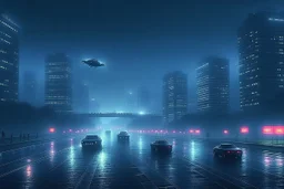 A city that's at night and it's raining and it's foggy and it's flying cars and it's in the future.