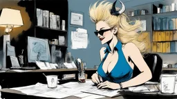 [in her dark office with a pervert smile, by Ralph Steadman] Name: Nancy Occupation: Mid-level Contract Demon at Infernal Affairs Inc. Features: Hair: blonde with a sauerkraut hairdo Skin: light Eyes: blue Build: athletic and curvy Extra Details: small horns