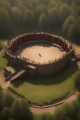 medieval fighting tournment arena into the woods from above