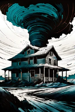 create a dreamscape illustration of a farmhouse hurled aloft in a massive tornado , with highly detailed features, in the comic art style of FRANK MILLER and BILL SIENKIEWICZ, searing lines and forceful strokes, precisely drawn, boldly inked, with gritty textures, dark and dramatic otherworldly lighting