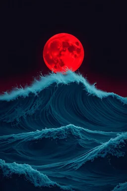 An ocean sure with high waves and a moon in the Background red for the design of the Stranger series Things are mysterious and dark no people