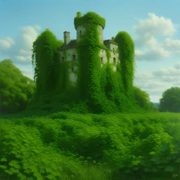 A green castle in a field covered in vines painted by Frank Wilson