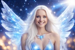 very beautiful cosmic women with white long hair, smiling, with cosmic dress and crystal wings. in the background there is a bautiful lightblue sky with stars and light beam