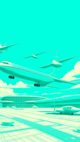 A turquoise airport with jets in Neoclassism art style