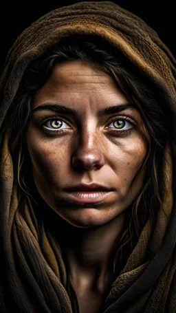 a photorealistic portrait of a stunningly beautiful woman without make-up, extremely detailed light hazel eyes, detailed symmetric realistic face, natural skin texture, extremely detailed skin with skin pores, peach fuzz, messy hair, wearing shawl over her head, masterpiece, absurdres, award winning photo by lee jeffries, nikon d850 film stock photograph, kodak portra 400 camera f1.6 lens, extremely detailed, amazing, fine detail, rich colors, hyper realistic lifelike texture, dramatic lighting,