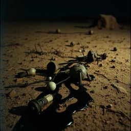 Photograph, odd objects scattered over an arid surface, night, nothingness, spooky, close-up, in Yves Tanguy style, nightmare, highly hypermaximalist, details of the terrain very accentuated, 8k, deep 3d field, sharp, eerily mysterious, artistic photo, large format film, shot on Hasselblad, 33mm photography, mysterious, dark, rotten, macabre, streams of black liquid