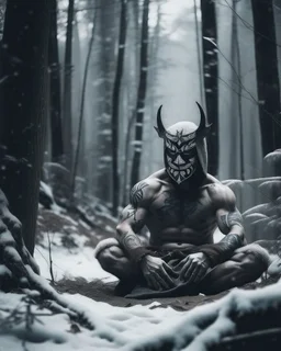 man sitting on a throne in a relaxed laid back style, middle of a snowy forest, muscular athletic physique, wearing a japanese Hannya demon mask over face, cinematic greyish filter