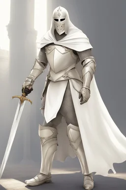 Knight wearing white robe armor and white cape with white mask, sword, and shield