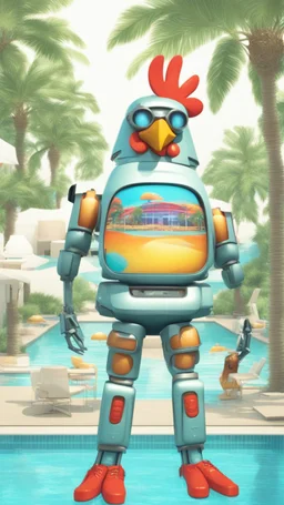 Generate a lively full-body image of a poolside chicken-robot confidently rocking a stylish summer swimsuit. Channel the latest fashion magazine trends for inspiration, emphasizing the character's enjoyment by the pool. Ensure vibrant details and colors that showcase the uniqueness of the outfit, creating a visually engaging scene suitable for a futuristic fashion magazine cover.