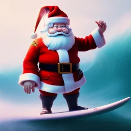 Santa standing of surfboard surfing a big wave, surfboard, beach, character design by cory loftis, fenghua zhong, ryohei hase, ismail inceoglu and ruan jia. unreal engine 5, artistic lighting, highly detailed, photorealistic, fantasy