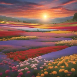 A dazzling sunset over colorful flower fields, creating an enchanting and lively scene.