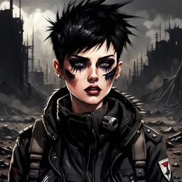 post-apocalyptic female scout, black jacket, short spiky black hair, spiky pixie haircut, dark eyeshadow, dark eyeliner, hellscape background