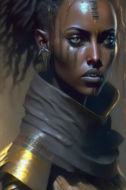 sayat demisssie,ethiopian actress,concept art,digital painting,warrior,cinematic, Concept art, low lighting, Gritty, Detailed, cybernetic enhancements, future setting, Digital painting, art by magali villeneuve and rk post, Sharp focus, trending on artstation.