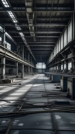 A deserted manufacturing plant with halted production lines.