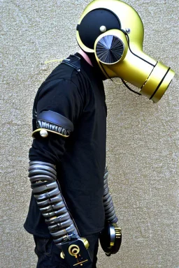 Metallic Cyber-punk style camera-mask and old headphones. Large fencing mask covers cheeks. Trim man. Reflective plastic body surface, golden skin, full-coverage. Body and Head full of integrated old-fashioned cameras and an old telephone. Golden to black surfaces body. Perfect body. Equations, Euclidean 3D-tiling, Escher tiling. Soviet propaganda in 1990's. Cables in head. Daft Punk. Matrix leather jacket. Hood. Beanie.