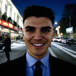 very grainy discolored photo, face portrait, empty night street, grunge, 2000s Russia, man in a nice suit, extremely gaunt, haughty, dangerous smile, perfect looking, striking features, snow-white skin, inhuman