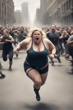 an obese terrified blonde woman in a crossfit outfit desperately running away from an angry mob of thousands of people chasing her down a city street