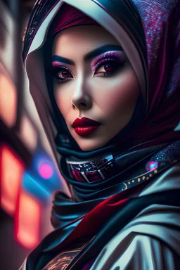 Ultra realistic photo beautiful cyberpunk geisha woman hijaber, futuristic style, HOF, captured with professional DSLR camera, 64k, ultra detailed, fhoto full body angle Raw.