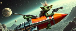 hairy macho cowboy gremlin lizard aliens with a chrome rocket backpack, living in a hi tech marvellous hot dog rocket with a mounted sling shot, heading for venus