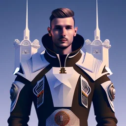 A handsome npc ständig in front of a church, futuristic design