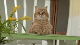 Funny cat on the table with one butterfly