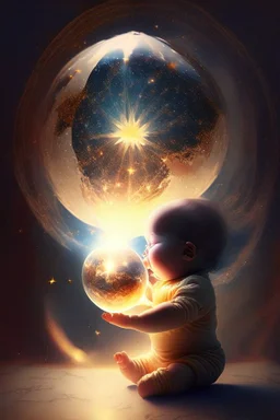 A baby playing with a globe containing the secrets of the universe with an imploding sun in the background and stars flying by