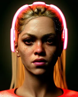 portrait, Shakira, blonde artist, angry, Realistic image, boxing robe, hoodie, mouthguard, face band aid, loose long hair, eyes make up, perfect, glow, circle iris. Rain, fog, Neon colors, leds, geometric shapes. Dark background, photo studio, neon lights. concept art, smooth, unreal engine 5, god lights, ray tracing, RTX, lumen lighting, ultra detail, volumetric lighting, 3d, finely drawn, high definition, 4k.