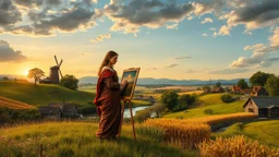 past times Great Leonardo da Vinci is trying to paint his art of monalisa painting and she is standing as model near him, in a village over high grassy hills,a small fall and river and wild flowers at river sides, trees houses ,next to Ripe wheat ready for harvest farm,windmill ,a few village local shops ,cloudy sun set sky,