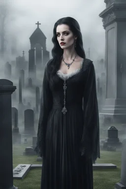 photorealistic slim woman looking like Drusilla in a cemetary with mist and crypts