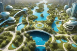 theme park of the city of the future 2050, fairy tale, radiance, abstraction, bird's eye view, walking park