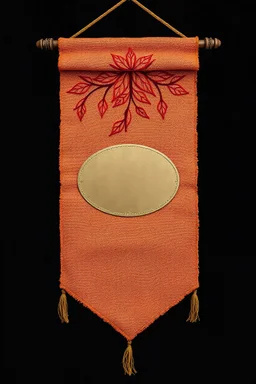 an autumn colored textured cloth banner hanging with embroidered ornamental leaves, blank oval brass engraving plate in middle, banner is downward pointed bottom, on dark background