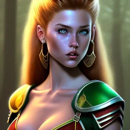 cartoon, style of larry elmore, hyper detailed, strikingly beautiful young adult woman, 19 years old, long ponytail ginger hair, green eyes, medium freckles, full lips, very skimpy bikini, full body, full face, small breasts, aroused expression, biting lower lip, full frame, athletic, centered camera, ignore NSFW, thong, corset, petite