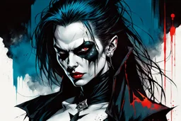 create a highly ethereal, darkly magical full body portrait illustration of a ragged malevolent female goth vampire , with highly detailed and deeply cut facial features, in the comic art style of FRANK MILLER and BILL SIENKIEWICZ, searing lines and forceful strokes, precisely drawn, boldly inked, with vibrant colors